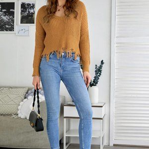 Shredded Sweater - Long Sleeve - V-Neck Lantern Sleeves - Distressed Look